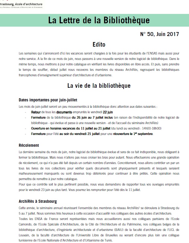 Lettre de la bibliothèque de l'ENSAS n°50, juin 2017